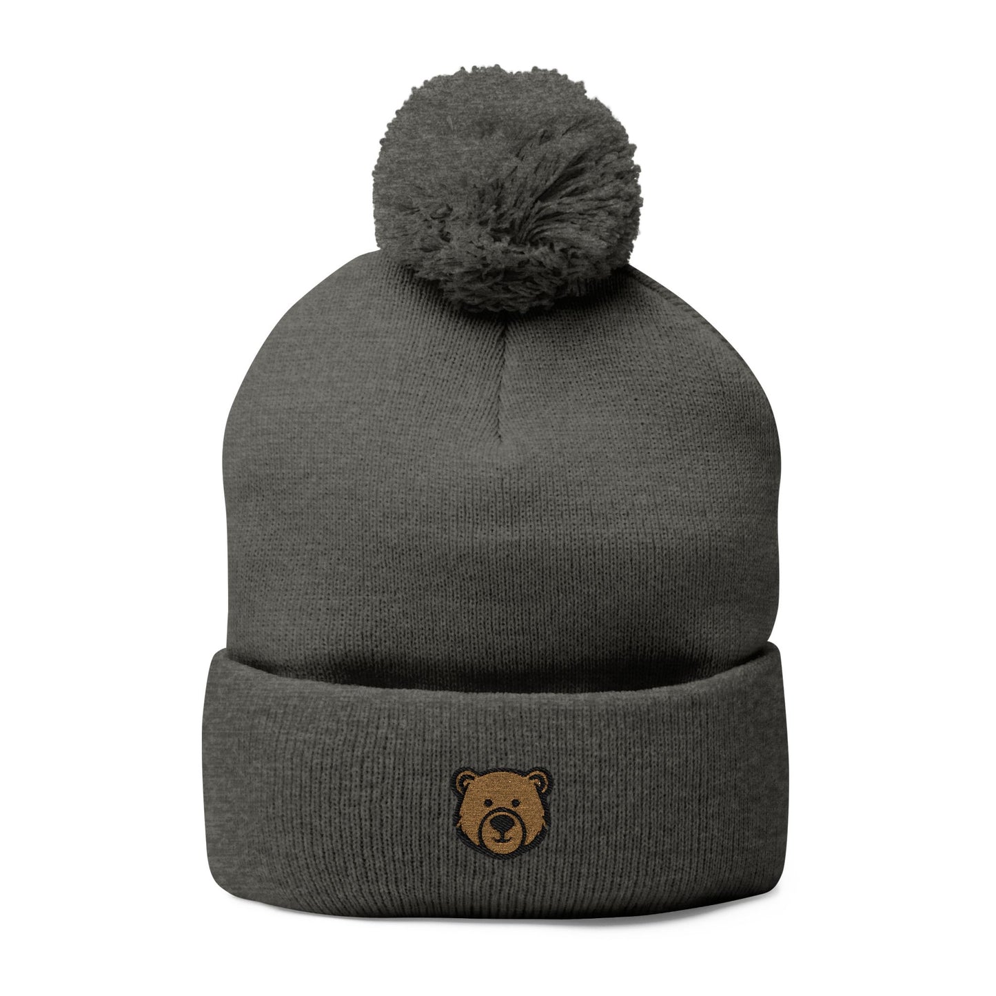 Cozy Pom-Pom Knit Cap with Bear Embroidery