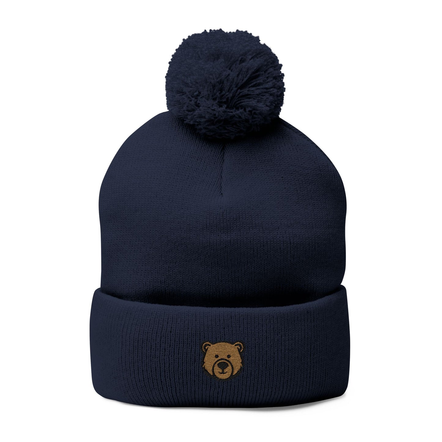 Cozy Pom-Pom Knit Cap with Bear Embroidery
