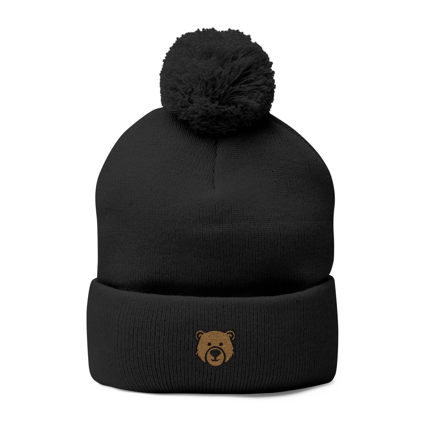 Cozy Pom-Pom Knit Cap with Bear Embroidery