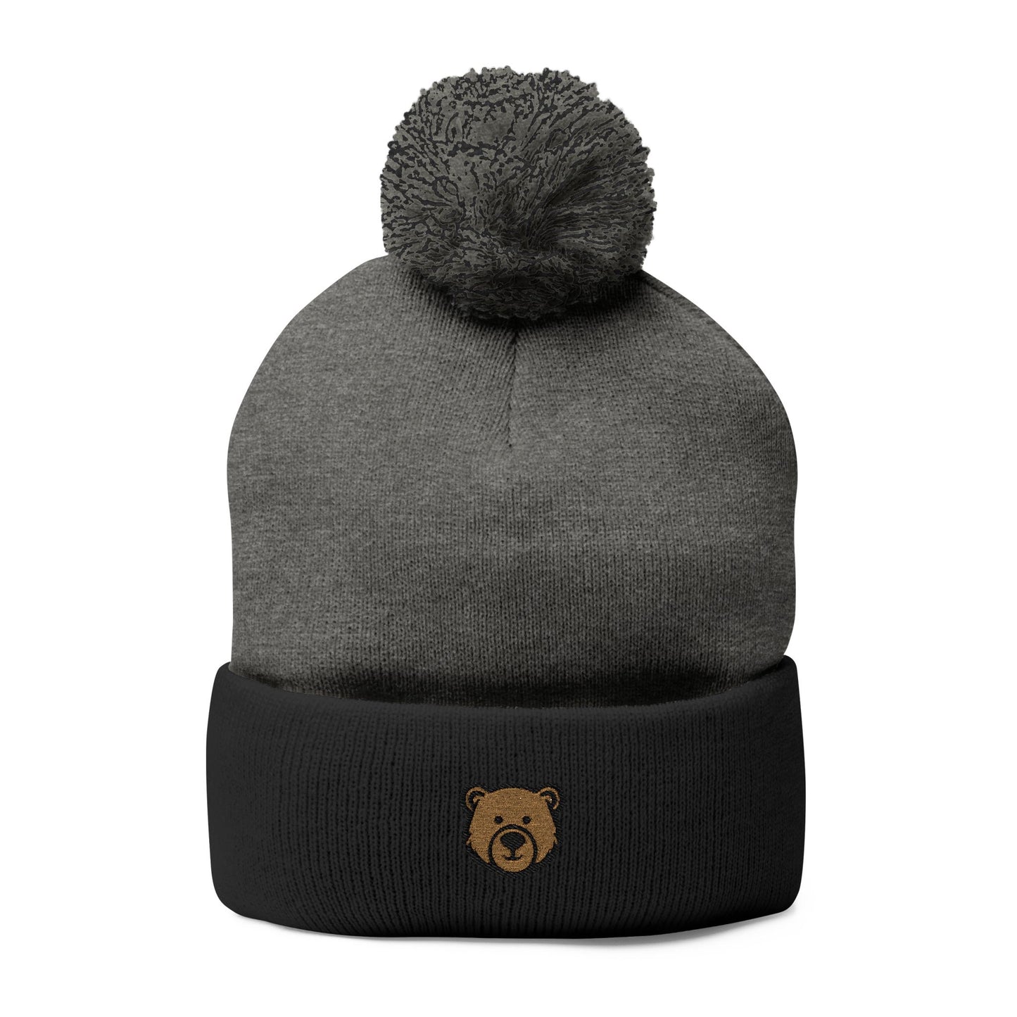 Cozy Pom-Pom Knit Cap with Bear Embroidery