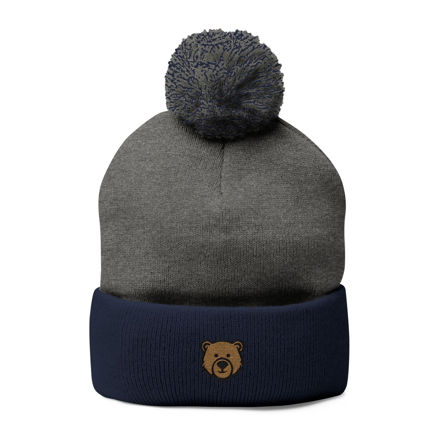 Cozy Pom-Pom Knit Cap with Bear Embroidery
