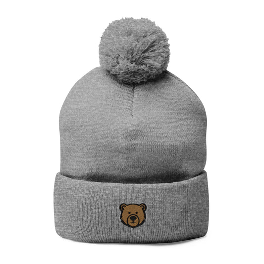 Cozy Pom-Pom Knit Cap with Bear Embroidery